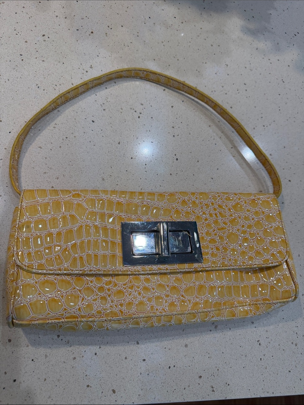 The Limited Yellow Croc-Embossed Shoulder Bag with Silver-Tone Turn Lock